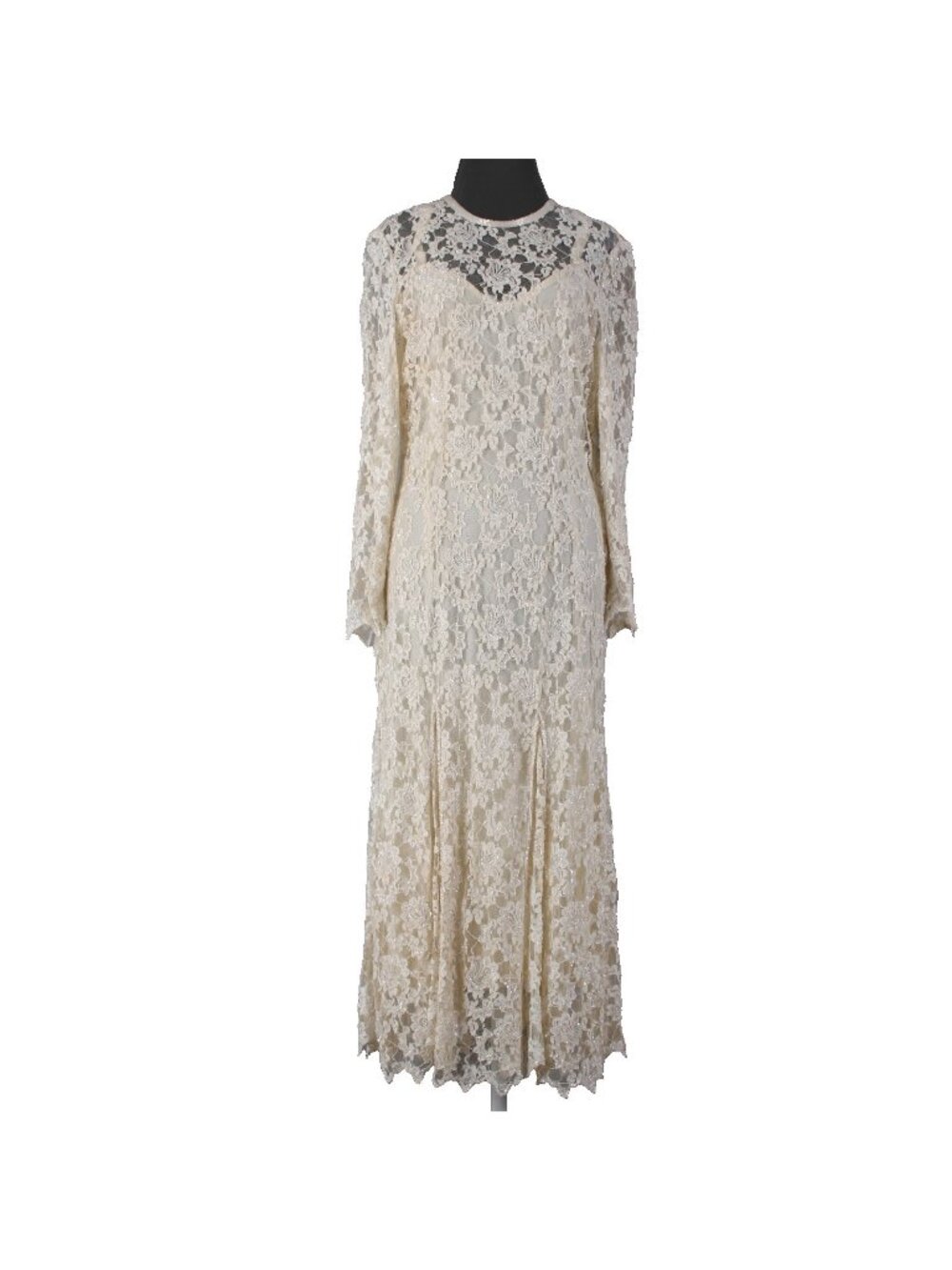 Scala Dress Sz L Beige Lined Lace Overlay 100% Rayon Polyester AS IS Dress